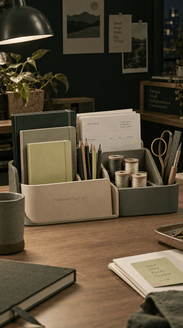 Sketchbooks, paper, and maker tools arranged on a warmly lit studio desk.